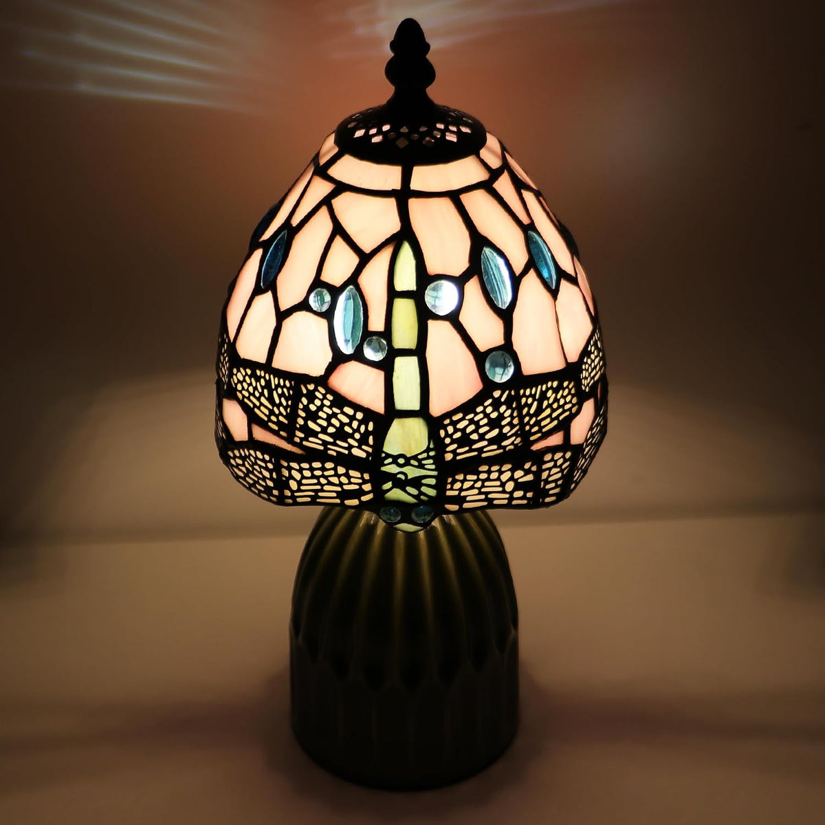 Tiffany Stained Glass Mushroom Table Lamp 12.5 Inch -Pink Dragonfly