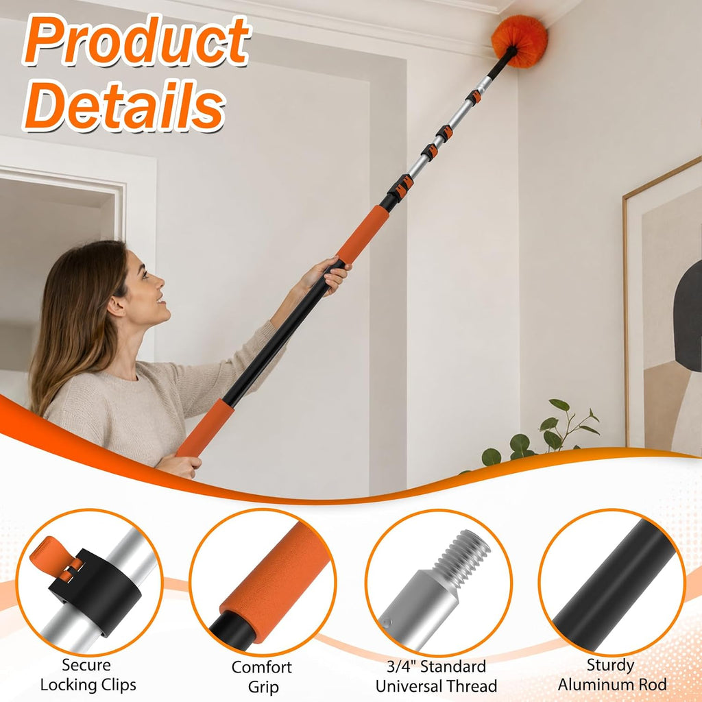 SISUPASSIE 30FT Reach High Ceiling Duster Kit, Window Cleaning kit with 5-24FT Extension Pole, Fan Duster for Ceiling Fan Blades, Microfiber Feather Duster, Rotatable Window Squeegee and Cobweb Duster