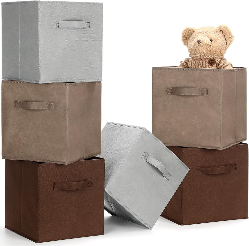 Karenhi 6 Pack Cube Storage Bins, Brown Gray Fabric Organizer