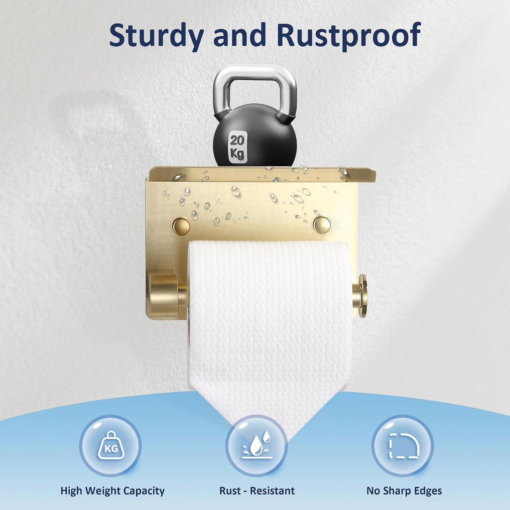 BGL Toilet Paper Holder with Shelf, Jumbo Roll Toilet Paper Holder for Large Rolls,Brushed Gold Adhesive Toilet Roll Holder for Bathroom，Renter Friendly Toilet Paper Holder