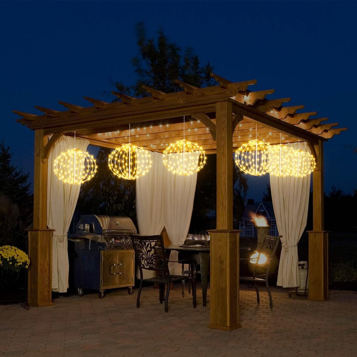 Ating Outdoor String Lights Waterproof - 4 Pack 8in Hanging Ball Lights (324 LEDs/Warm White)8 Modes &Timer,IP65 Hanging Connectable Globe LED Outdoor Lights for Backyard, Bistro,Porch,Deck,Balcony