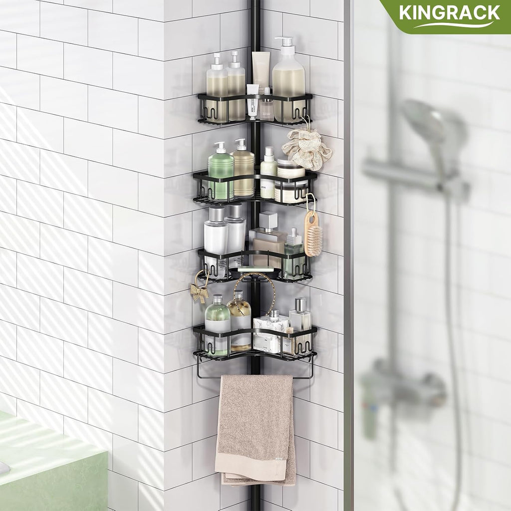 KINGRACK Corner Shower Caddy, 4‑Tier Tension‑Rod Shower Organizer, Black