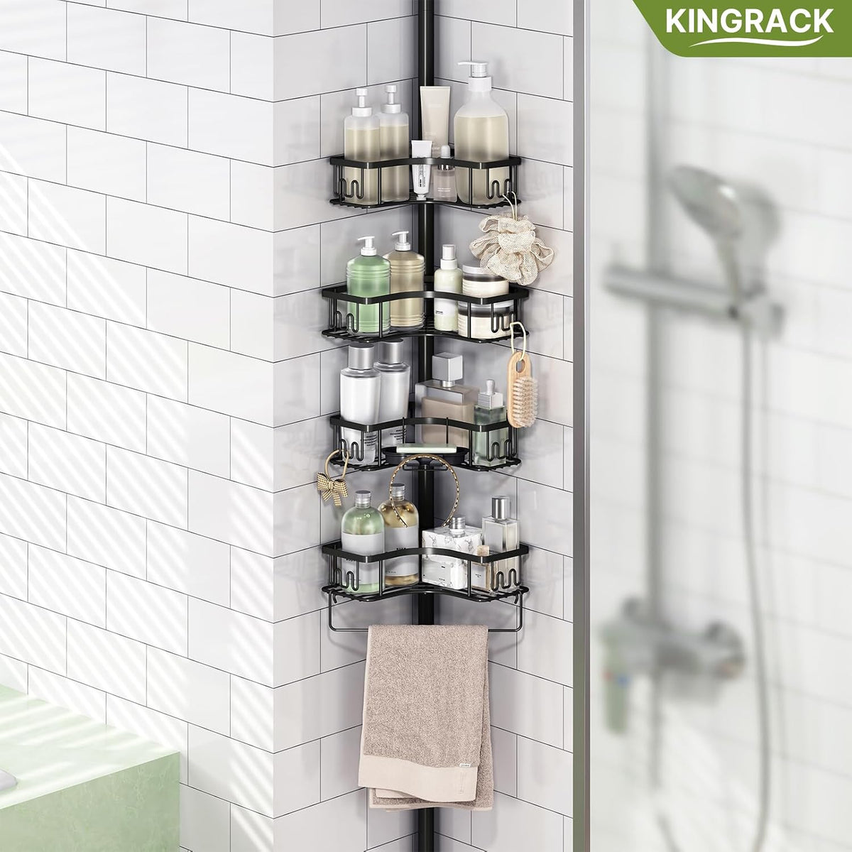 KINGRACK Corner Shower Caddy, 4‑Tier Tension‑Rod Shower Organizer, Black