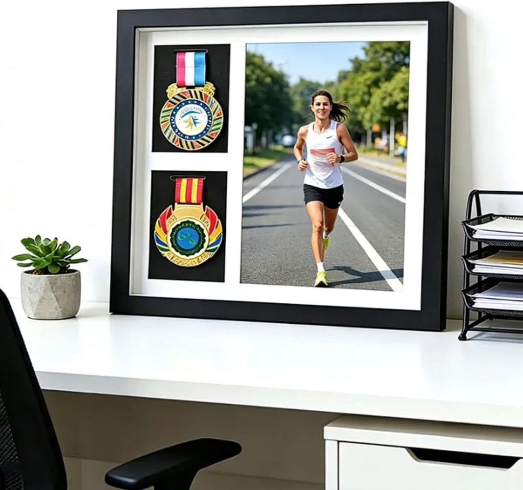 Black A4 Medal Shadow Box Frame 2 Medals Photos Marathon Military Display