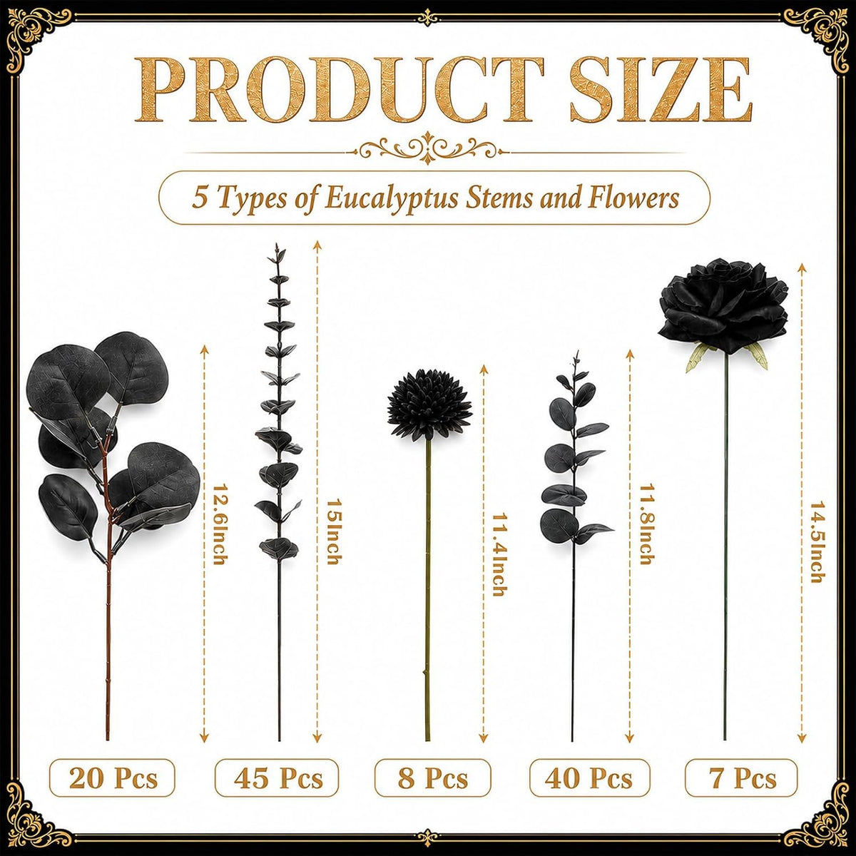 120 Pcs Black Artificial Eucalyptus Stems and Faux Flowers, Halloween