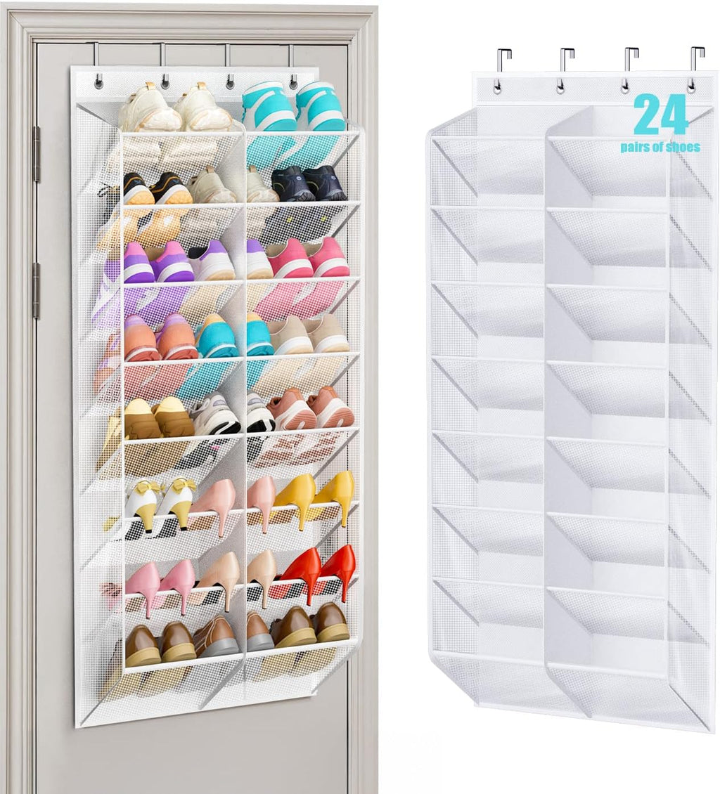 MISSLO 24 Pairs Over the Door Shoe Organizer Breathable Mesh Hanging Shoe Rack for Closet Storage with Wide Deep Pockets 8 Tier Shoes Holder Fit All the Family's Sneakers, Boots, Heels (White, 57.5")