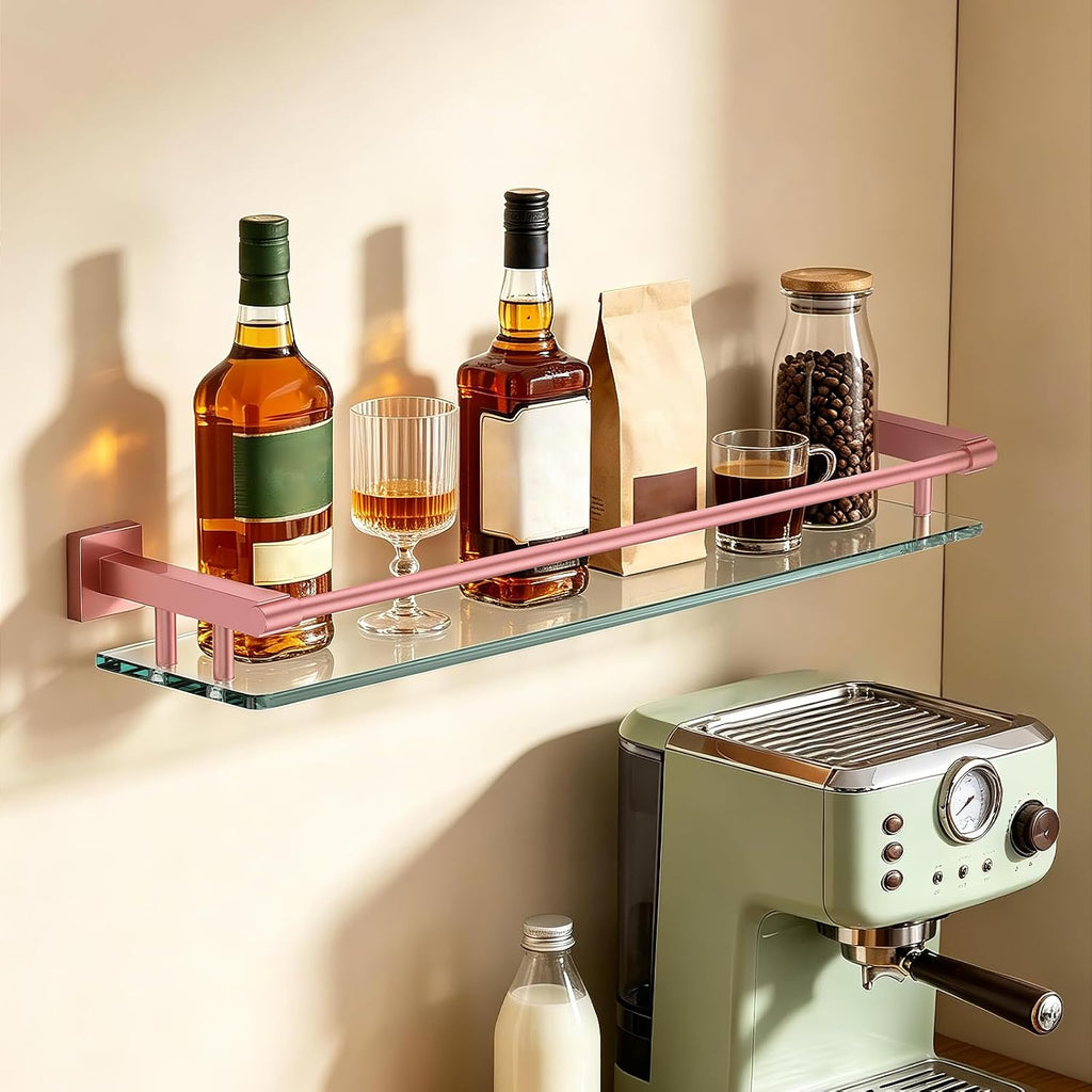 Glass Shelf for Bathroom Rectangular Stainless Steel Tempered Glass Modern Stainless Steel Wall Mount Shelf (Pink, 24″ with Railing)