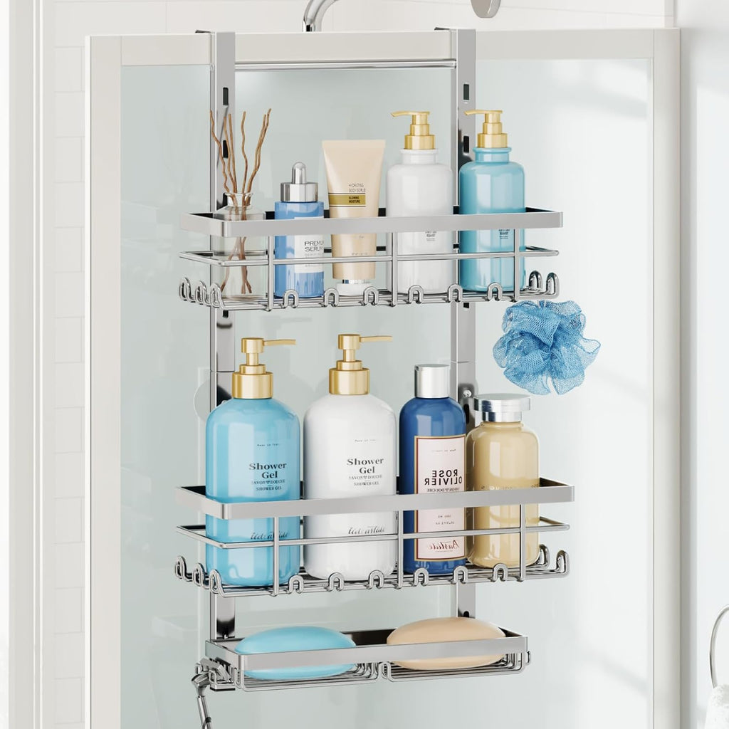 SWTYMIKI Over The Door Shower Caddy - 3 Tier Rustproof Hanging Shower Organizer with Adjustable Shelves, 28 Hooks & Soap Holder, Hanging Shower Rack Storage for Bathroom Accessories, Silver