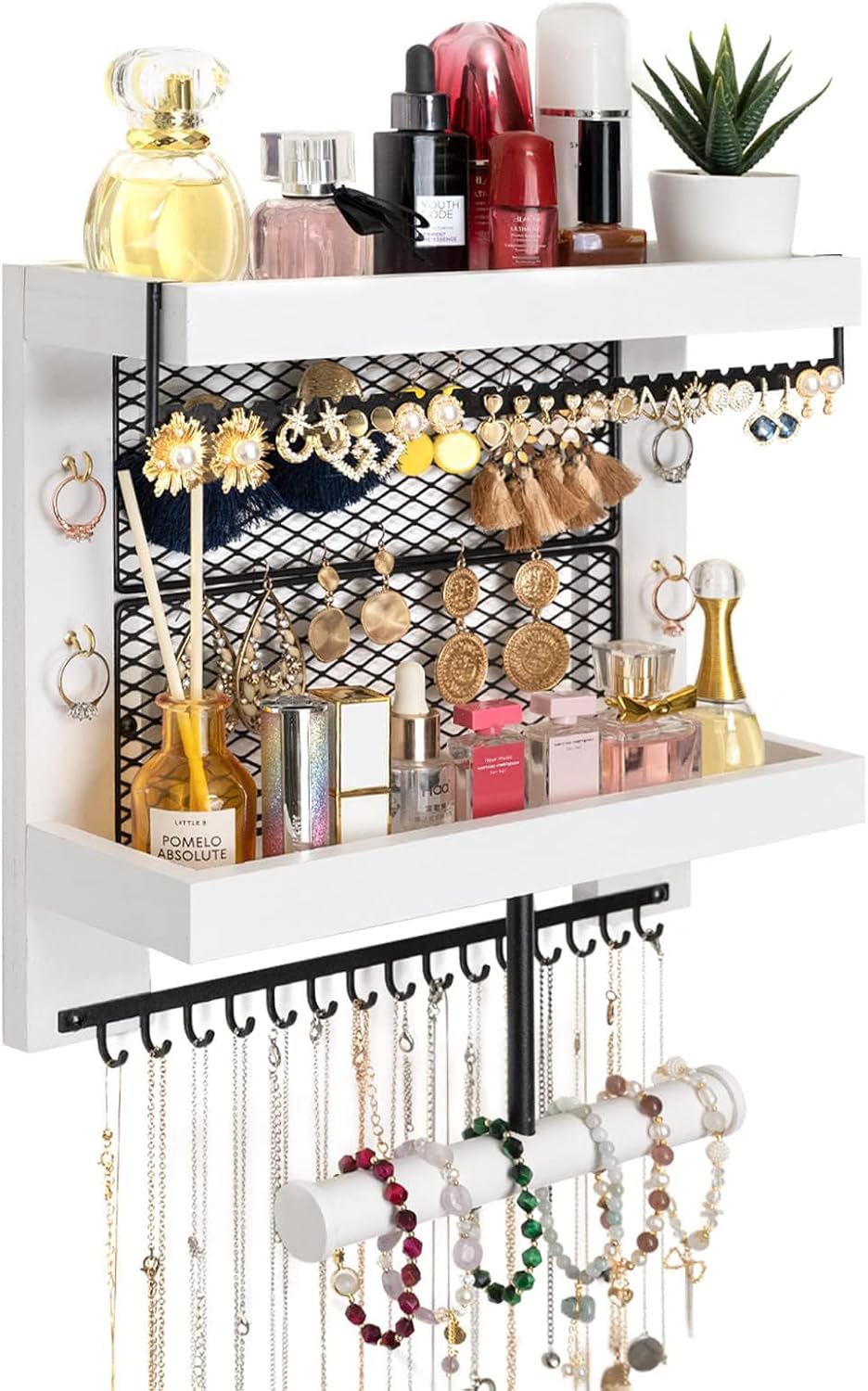Pinzoveco Hanging Jewelry Organizer Wall Mounted With Wall Jewelry Organizer Holder For Necklaces Bracelet Earrings Ring (White)