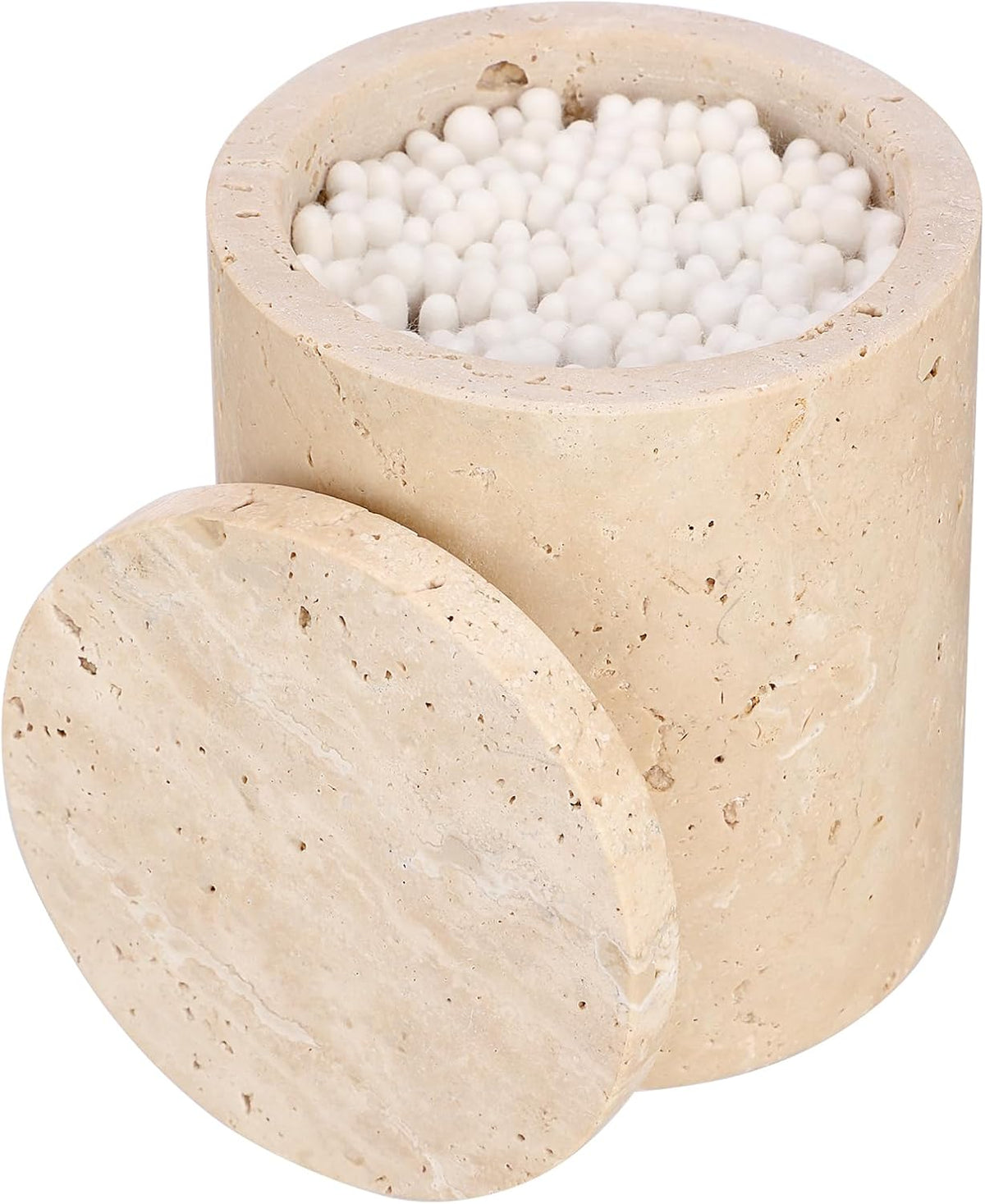 Travertine Qtip Holder with Lid Natural Bathroom Canister Storage