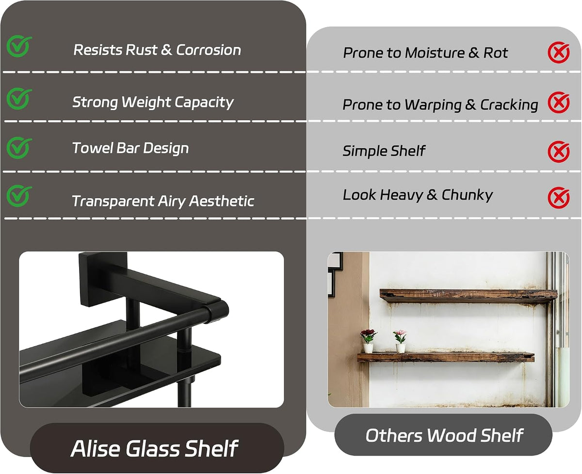 Alise Bathroom Shelf with Towel Bar,16 Inch Matte Black Glass Shelf