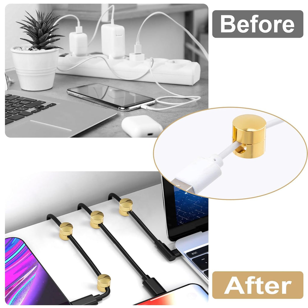 HINZIC 3Pack Cable Anchors for Desk, Metal Gold Phone Cord Holder, 2-in-1 Adhesive Cord Clips Adjustable Aluminum Wire Organizers Charger Management for Nightstand Office Home Desktop Wall