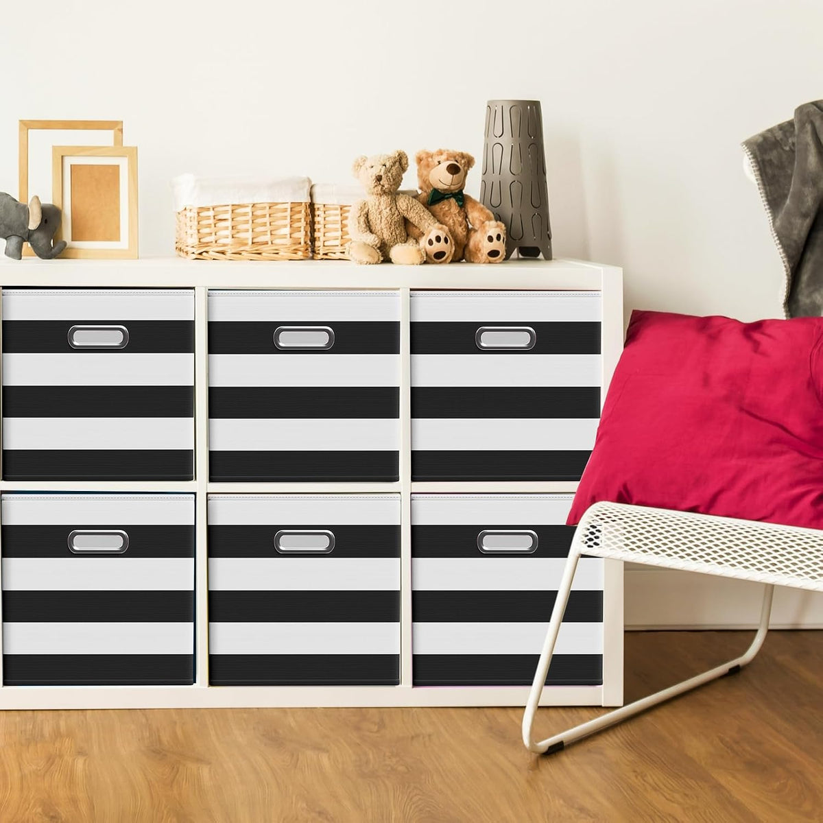 CroBlissful 13 Inch 6 Pcs Fabric Storage Cubes with Handle, Black and White