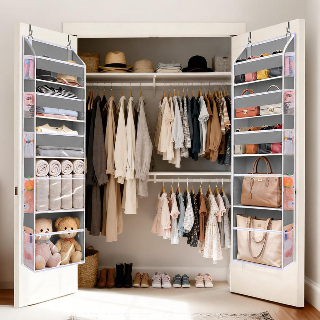 5 Tiers Over Door Organizer with 10 Mesh Side Pockets, 44 lbs Weight Capacity Hanging Storage Organizer with Clear Window Kids Toys, Shoes, Diapers, Dark Gray