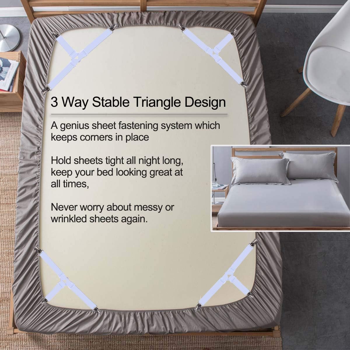 Bed Sheet Holders Straps Fasteners - 4 Pcs Triangle Sheet Fasteners Fitted Sheet Corner Holder Elastic Adjustable Band Sheet Holders Clip Suspenders Grippers(White)