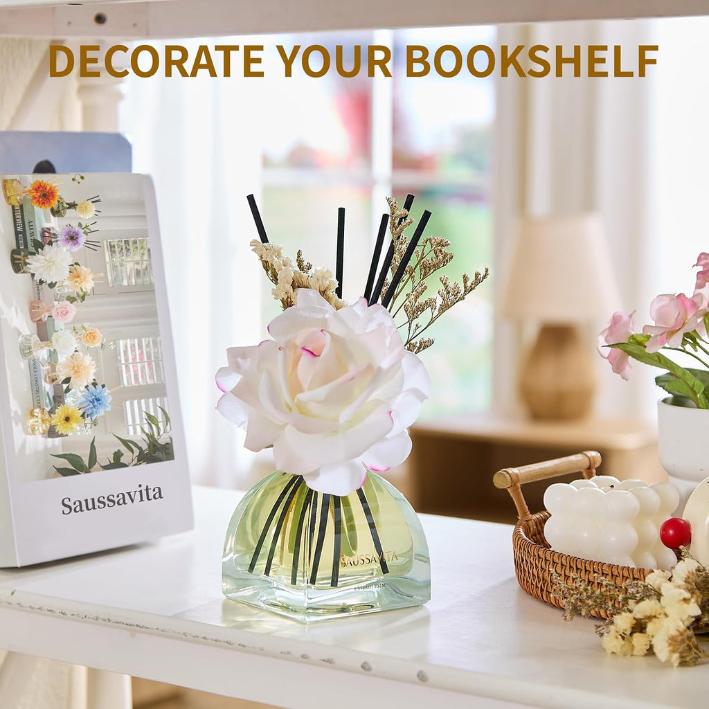 Reed Diffusers Set Jasmine&Lily Scented Diffuser for 140 Days, Flower Diffuser 8.5 fl oz with Dried Flowers and Decorative Rose, Long Lasting Home Fragrance 10 Sticks for Bedroom, Shelf, Office Decor