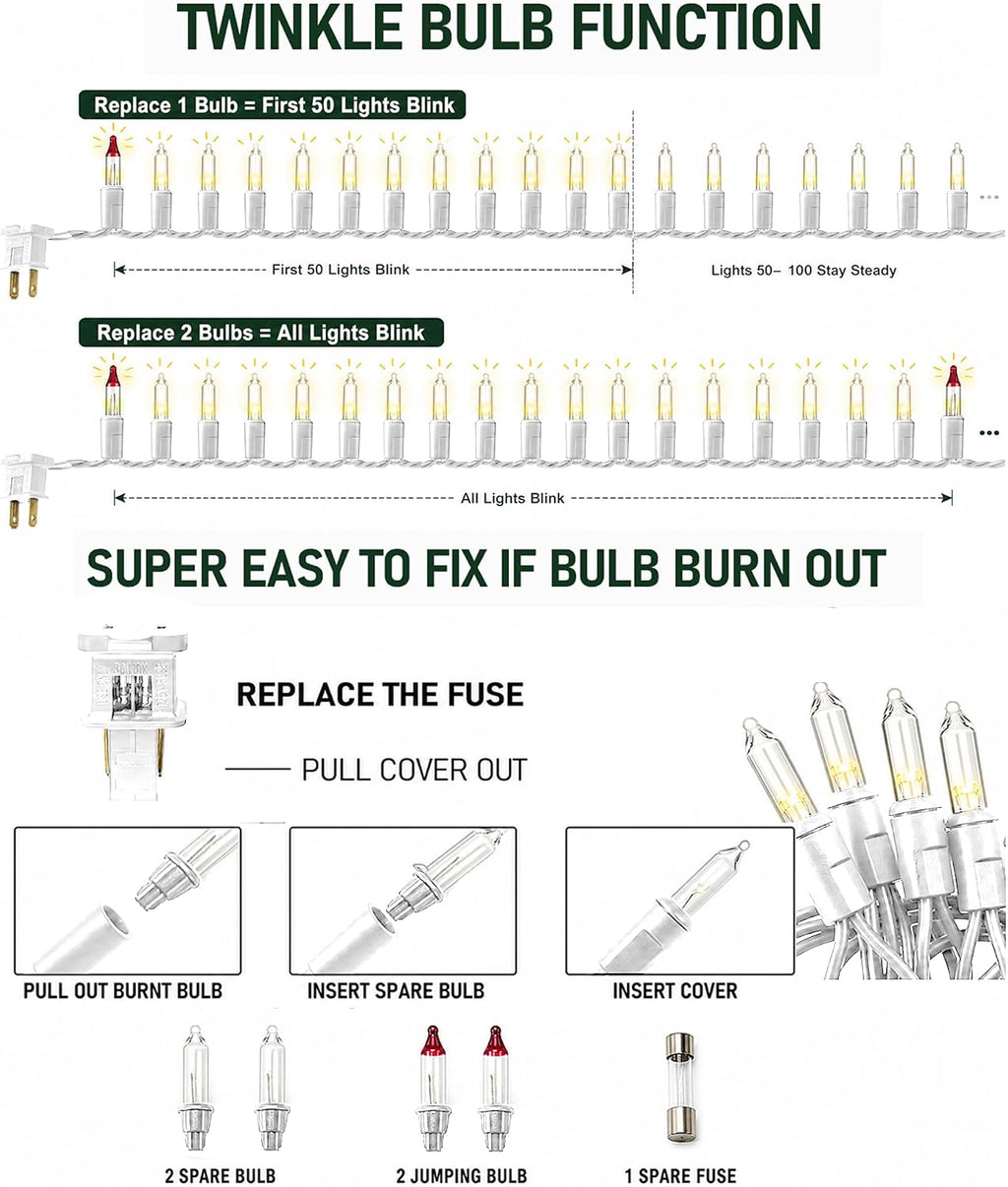 TW SHINE Warm White Christmas Lights, 20FT 100 Count Incandescent White Wire Christmas Tree Lights, Waterproof Xmas String Lights for Outdoor Indoor Home Party Decorations