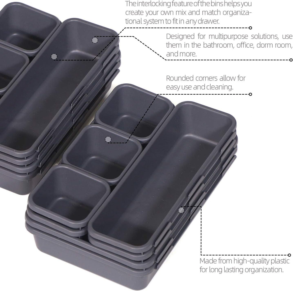Set of 32 Interlocking Desk Drawer Organizer Tray Dividers Plastic Shallow Narrow Drawers Organizers Separators Storage Bins Container for Kitchen Bathroom Makeup Office Vanity Bedroom Dresser