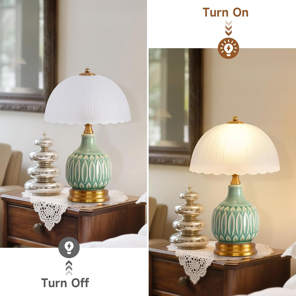 Table Lamps Ceramic Retro Lamp for Living Room,15." Modern Bedside Nightstand Traditional Lamps, Classic Chinoiserie Green Glass Lamp for Home (Retro)