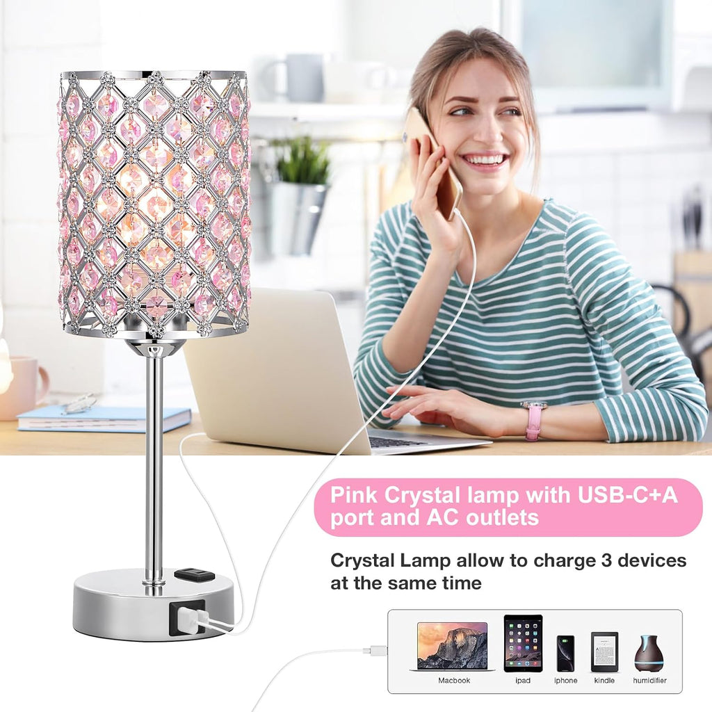 Peach Pink Bedside Lamps for Night Stands, Crystal Table Lamp for Bedroom