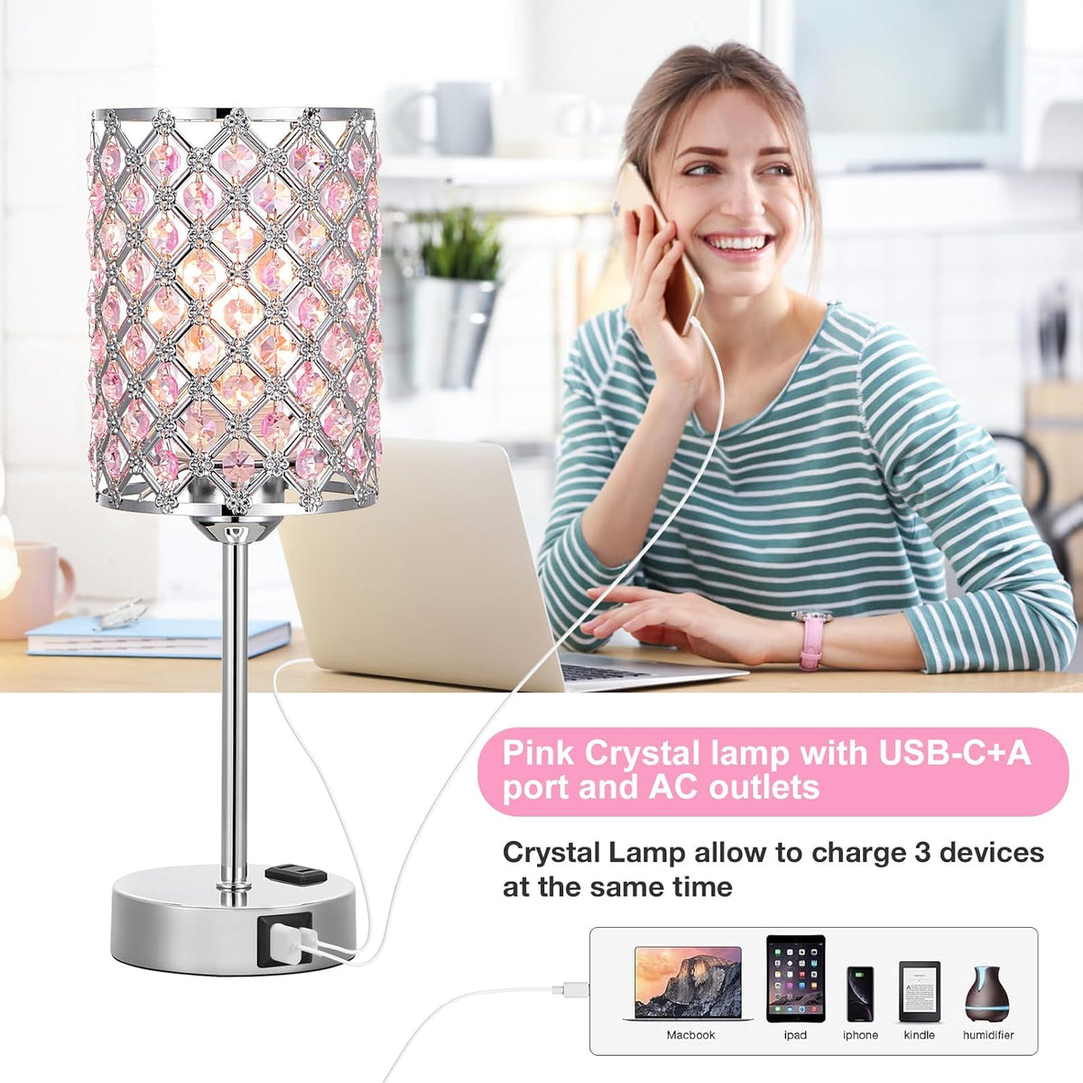 Peach Pink Bedside Lamps for Night Stands, Crystal Table Lamp for Bedroom
