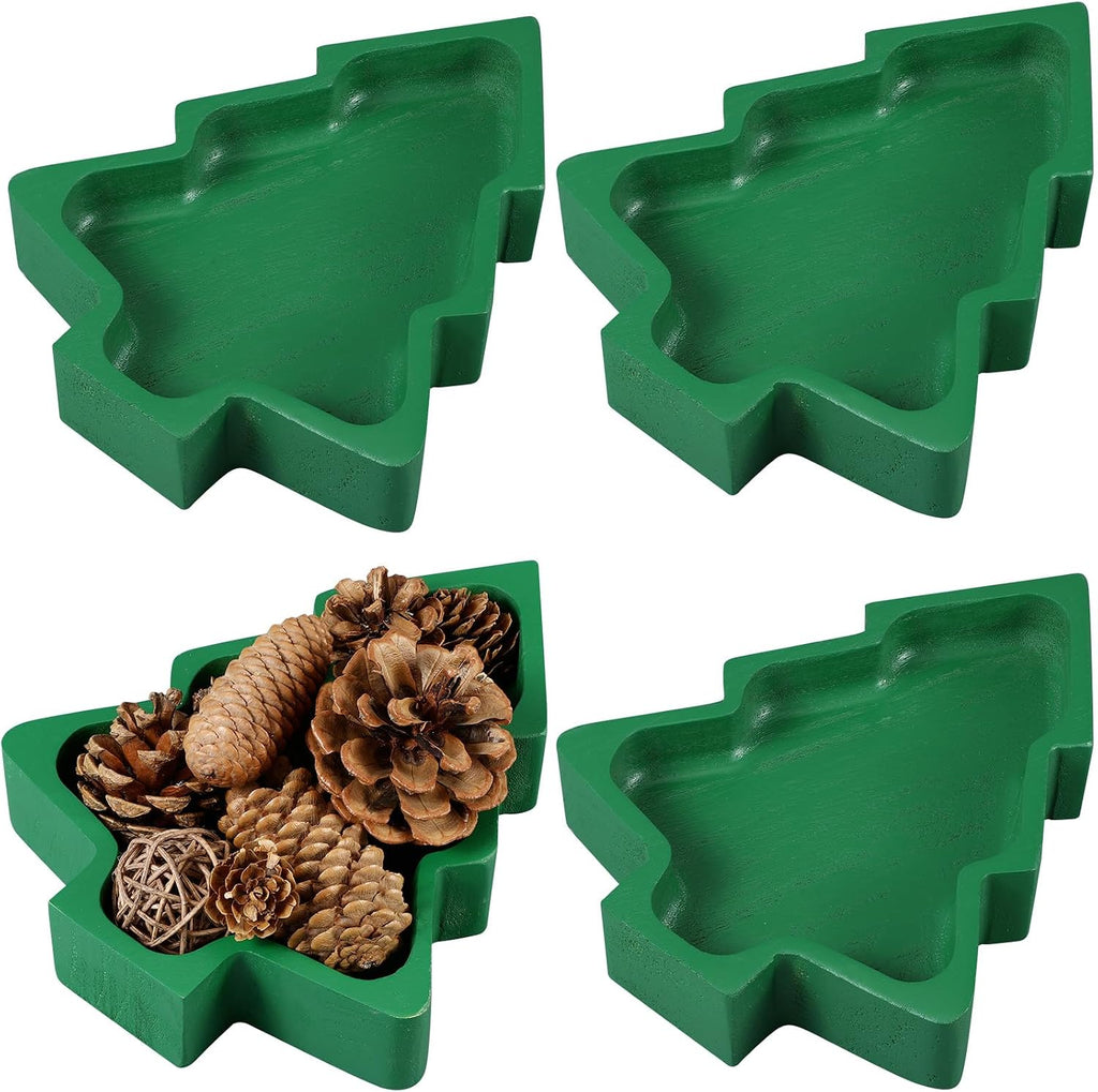 Jingmore 4 Pcs Christmas Wooden Bowl Xmas Tree Tray Dough, Green