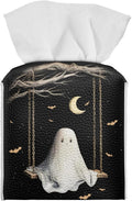 Cute Ghost Tissue Box Holder Square PU Leather Tissues Cube Box Cover Modern Decorative Halloween Decor Facial Napkin Holder Case for Car Kitchen Bedroom Bathroom Black
