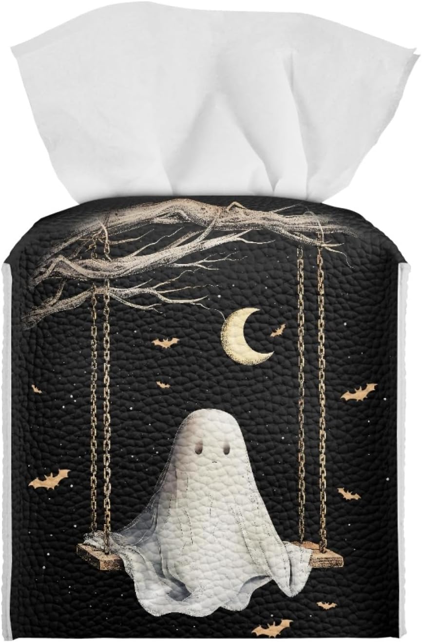 Cute Ghost Tissue Box Holder Square PU Leather Tissues Cube Box Cover Modern Decorative Halloween Decor Facial Napkin Holder Case for Car Kitchen Bedroom Bathroom Black