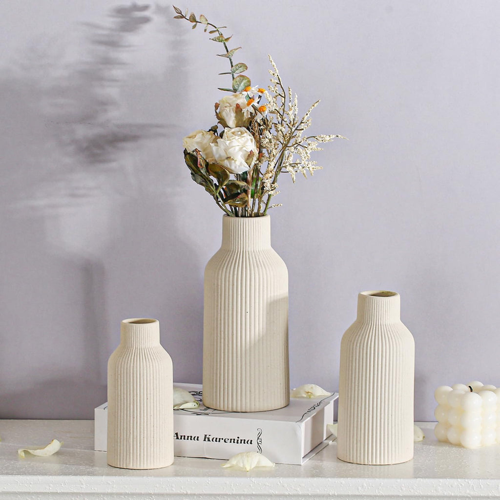 Bohemian Beige Ceramic Vase - for Pampas Grass, Mantel, Bookshelf, Entryway and Living Room Decor (Beige, 7in)