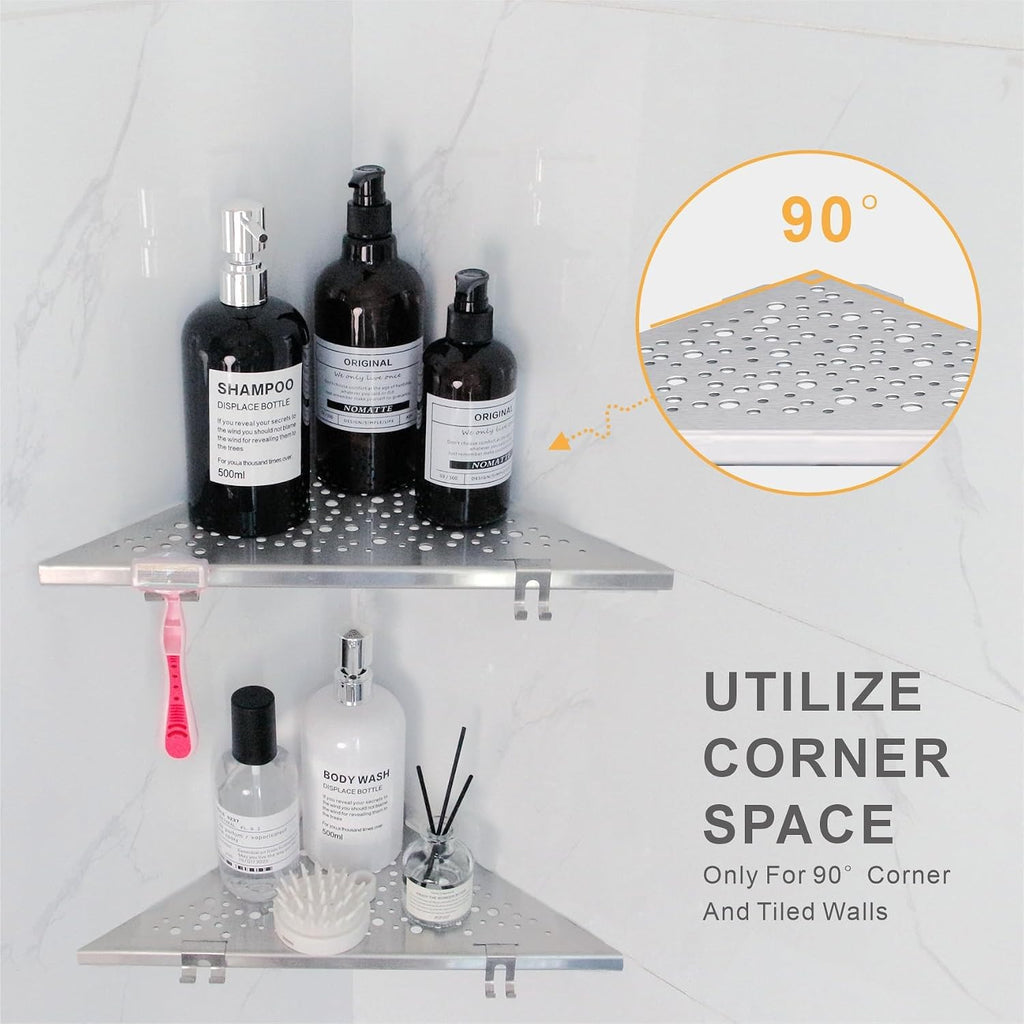 WELLUP Shower Shelf Brushed Nickel 2 Pack,Corner Shower Shelf with 4 Hooks
