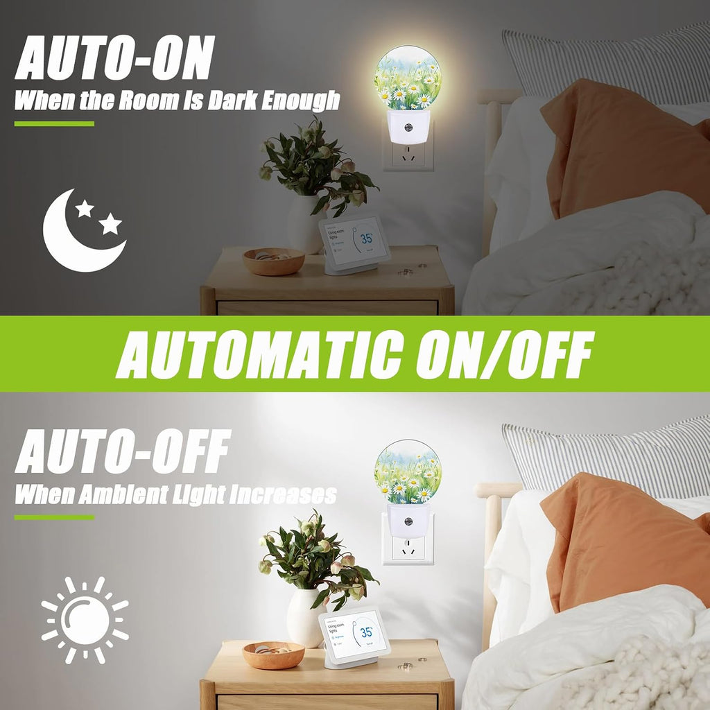 White Daisies Watercolor Night Light,Abstract Floral Plug-in Night Lights with Dusk-to-Dawn Sensor for Bedroom Bathroom and Living Room Sleep Friendly lamp