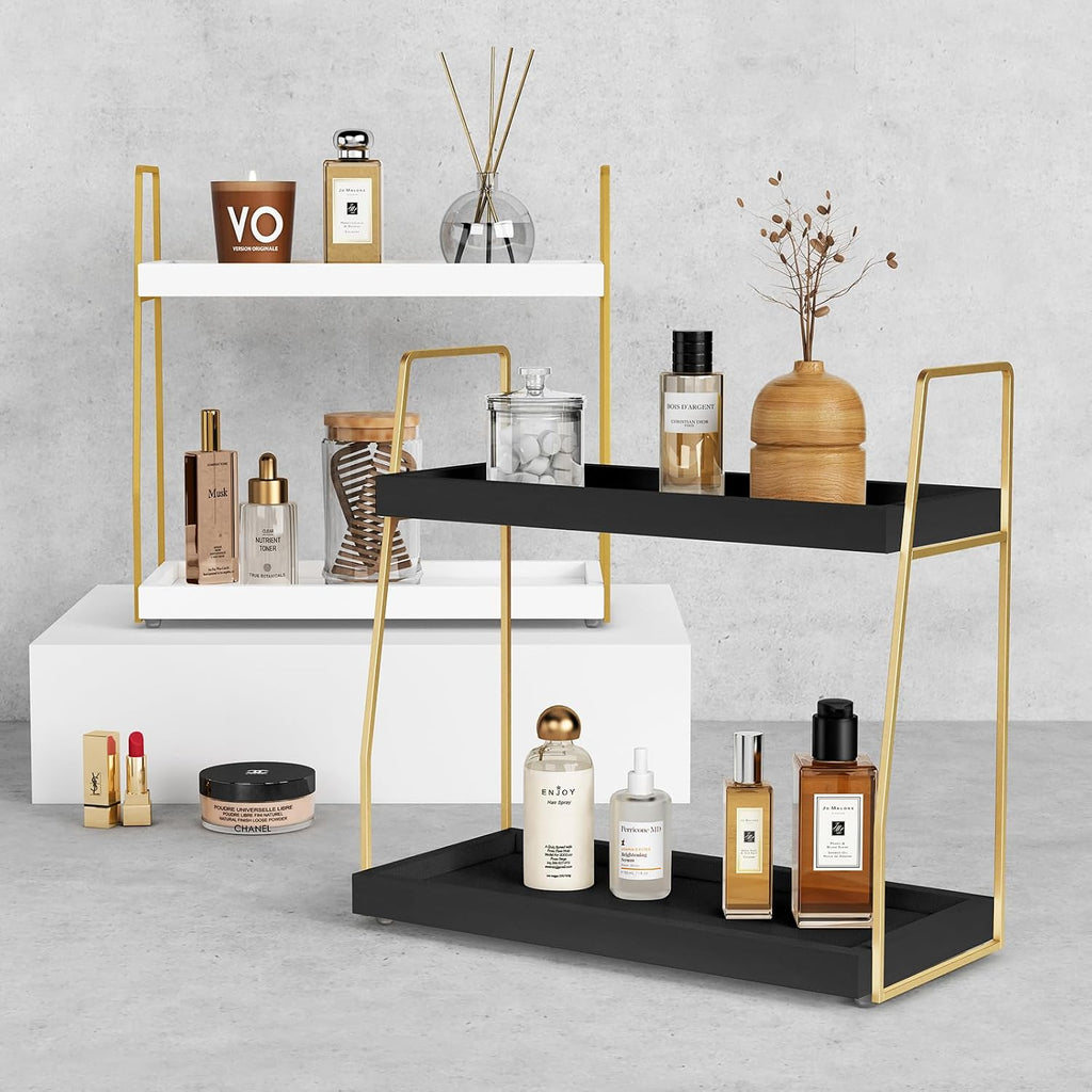 Forbena Black and Gold Bathroom Organizer Countertop, 2 Tier Counter Organizer for Bathroom Decor, Modern Sink Shelf Organizers for Vanity Storage, Make upTray for Makeup Bedroom