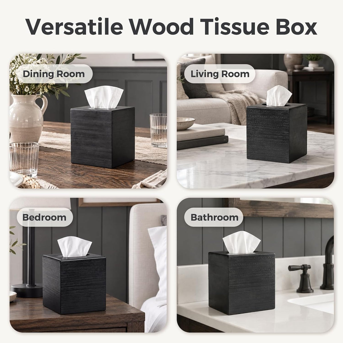 Black Wood Tissue Box Cover, Square Wooden Tissue Box Holder for Bathroom