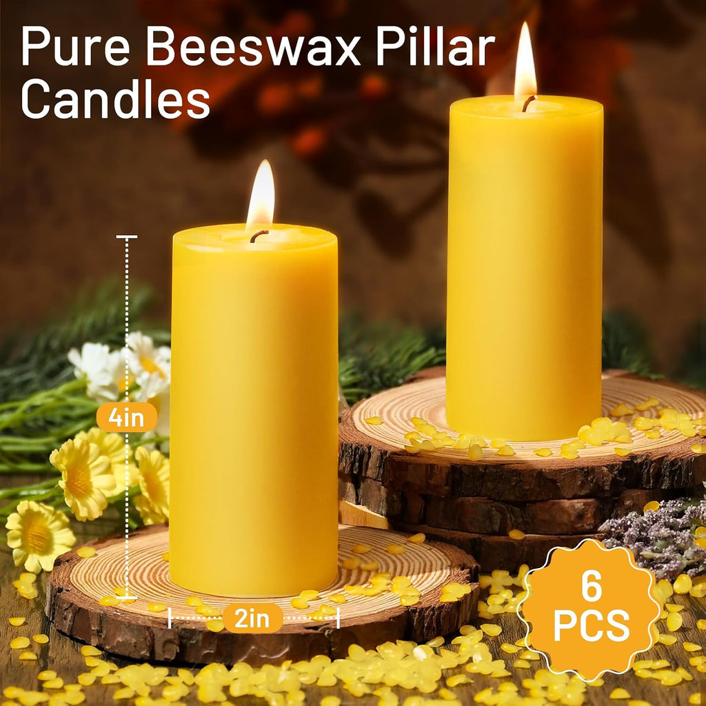6 Pack Natural Beeswax Pillar Candles, Organic Unscented Candles