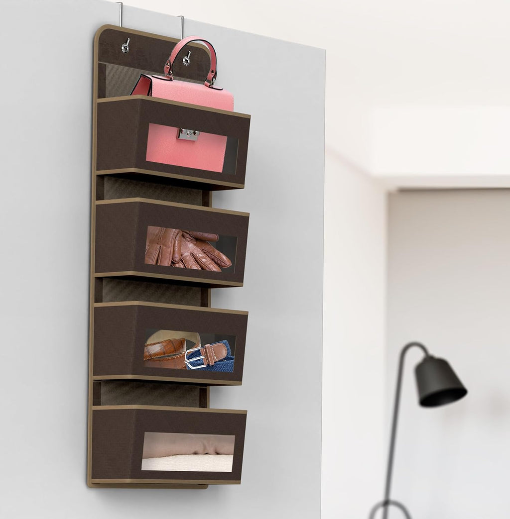 Simple Houseware 4 Clear Window Pocket Over Door Hanging Organizer, Brown