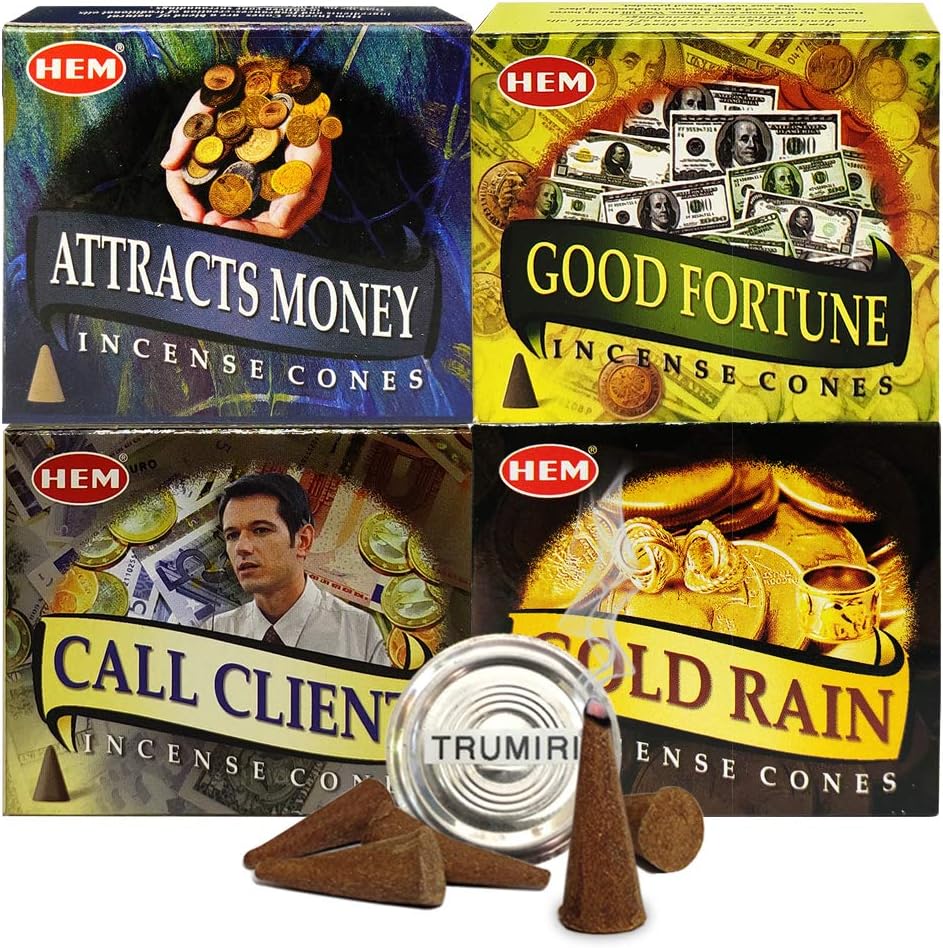Hem Incense Cones Variety Pack #1 and Cone Incense Burner Bundle with 4 Money Luck and Business Themed Fragrances