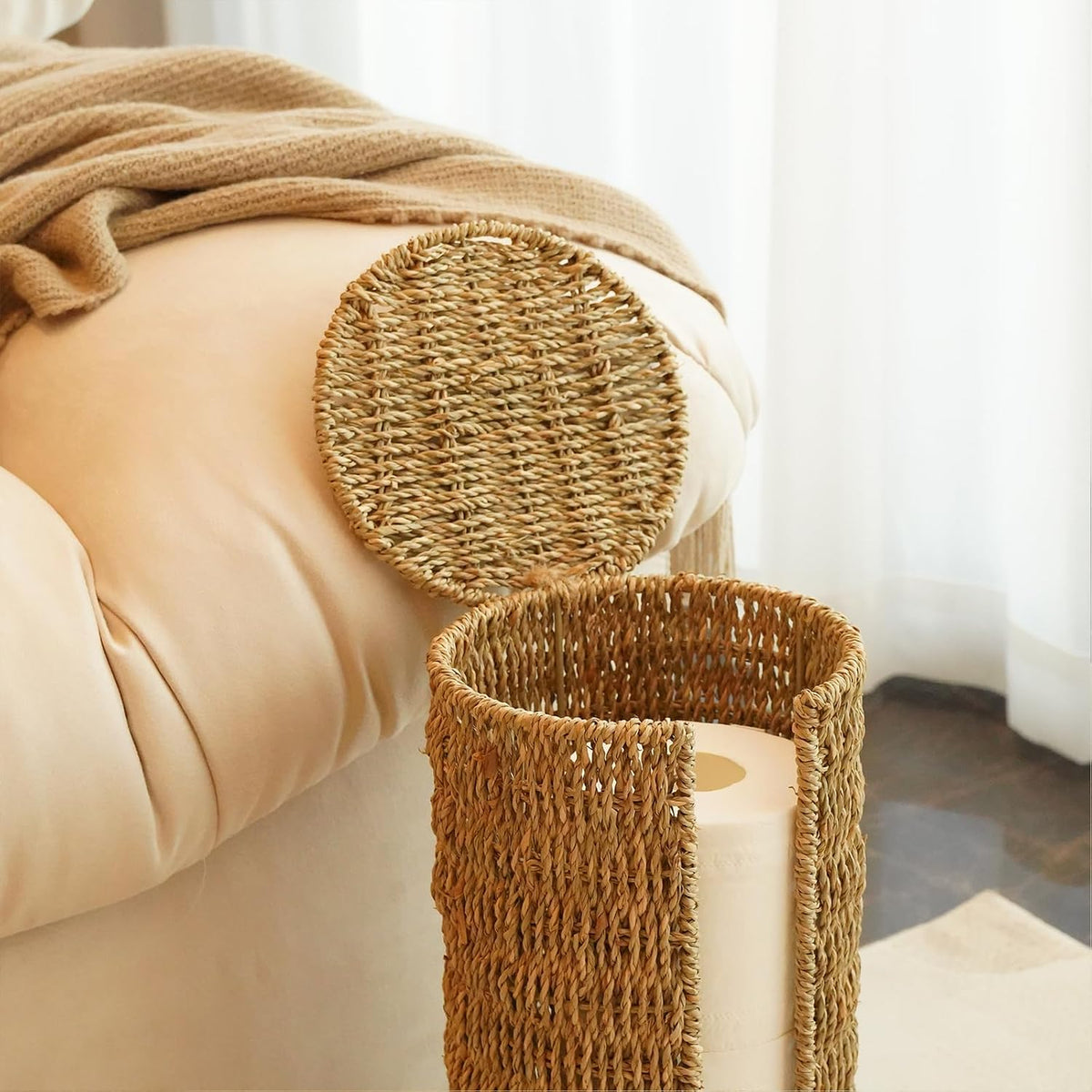 PINXIURY Seagrass Toilet Paper Holder with Storage, 3 Rolls of Wicker Toilet Paper Holder for Bathroom and Under Sink, Handmade Woven Toilet Paper Rolls Holder Stand