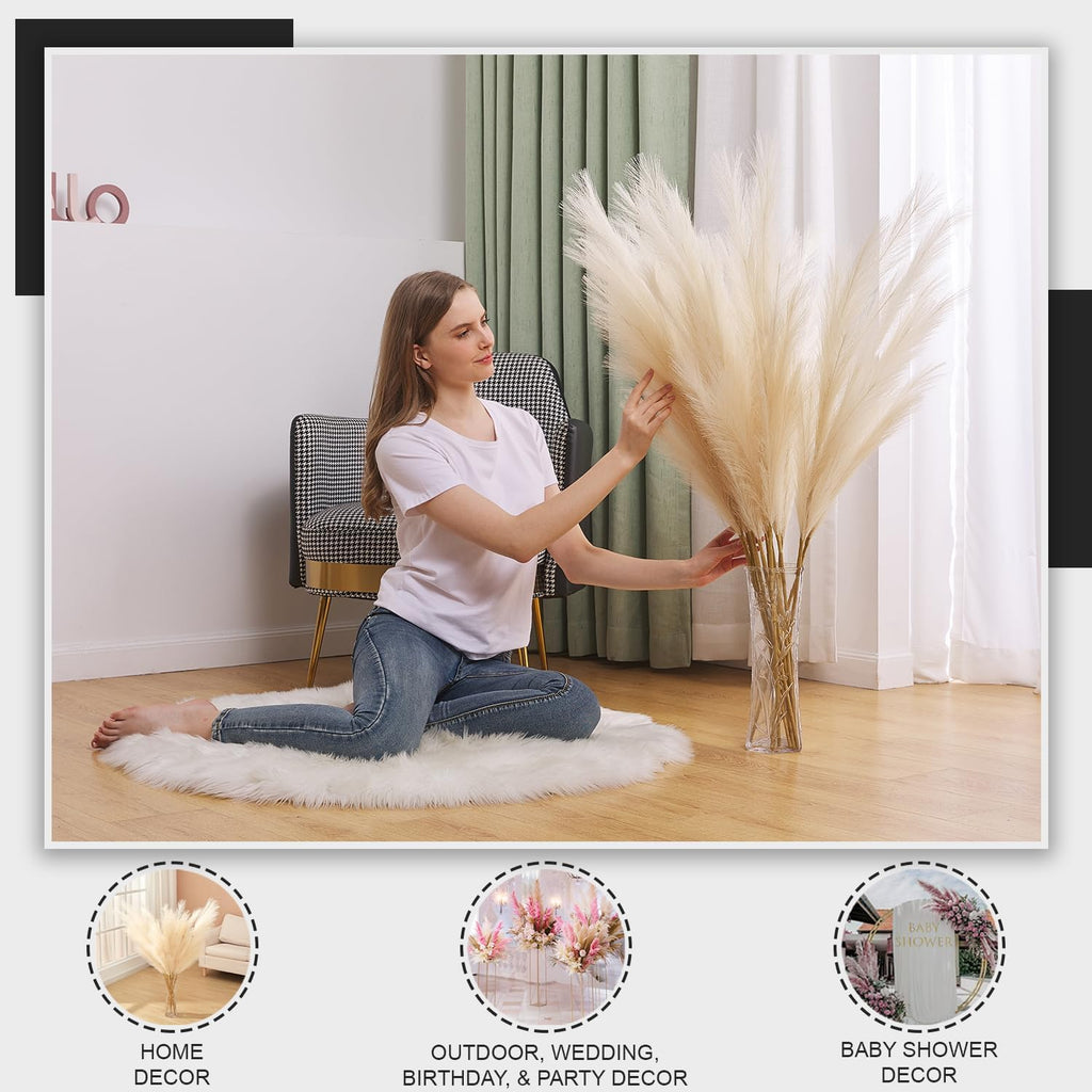 7 Pcs 45" Faux Pampas Grass – Fluffy Artificial Pompous Grass for Tall Floor Vase, Non-Shedding Home Decor, Boho Wedding Flowers, Baby Shower Centerpieces, Bedroom & Living Room Decor (Beige)