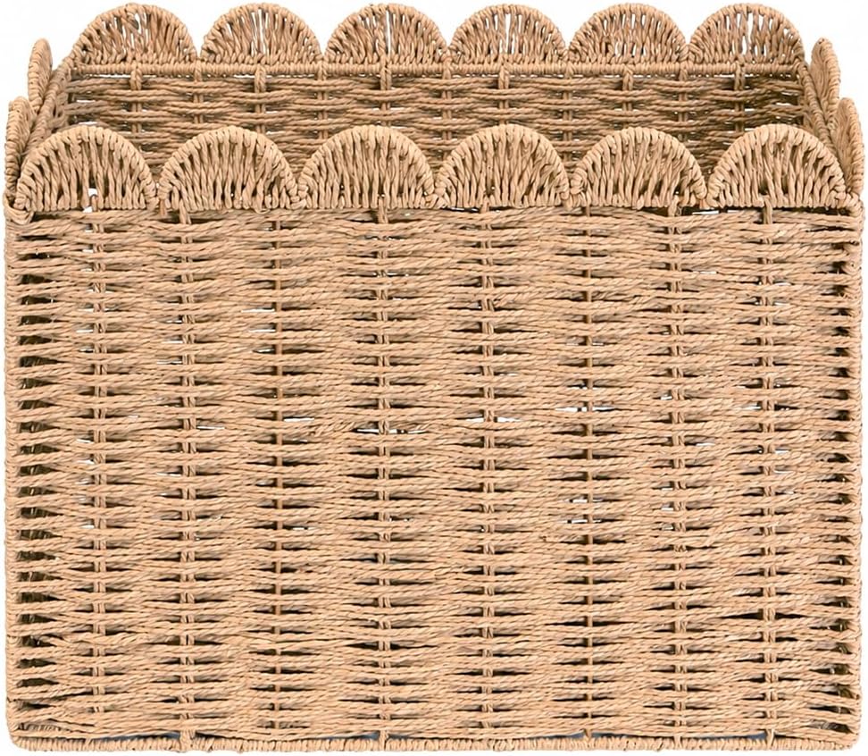 Wicker Magazine Basket, Paper Rope Scalloped Magazine Holder for Files Books Newspapers and Documents, Handwoven Floor Organizer Rack for Office Living Room Bathroom