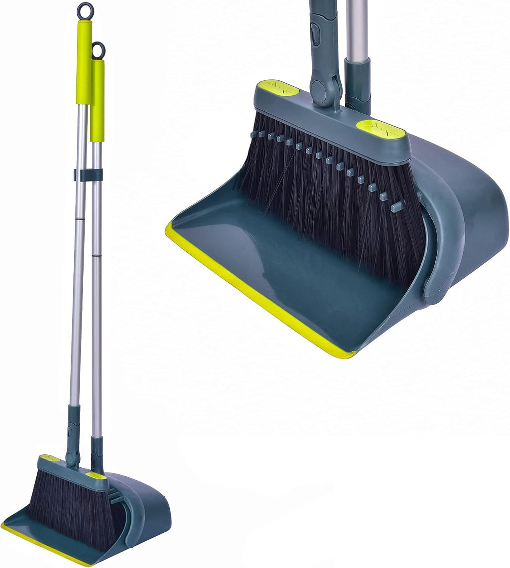 Broom and Dustpan Set for Home with 54" Long Handle, Upright and Lightweight Dust pan and Brush Combo for Kitchen Room Office Lobby Floor Cleaning, Dark Green