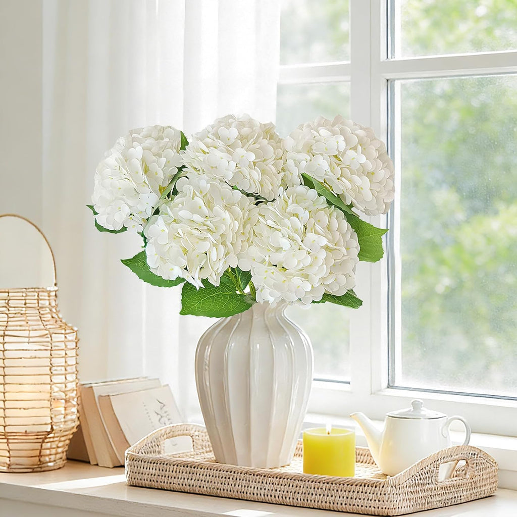 6 Pcs Real Touch White Hydrangea Artificial Flowers with Stems, Fake Silk Flowers for Outdoors, Artificial Flowers for Home Decor Wedding Bouquets Centerpieces Vase