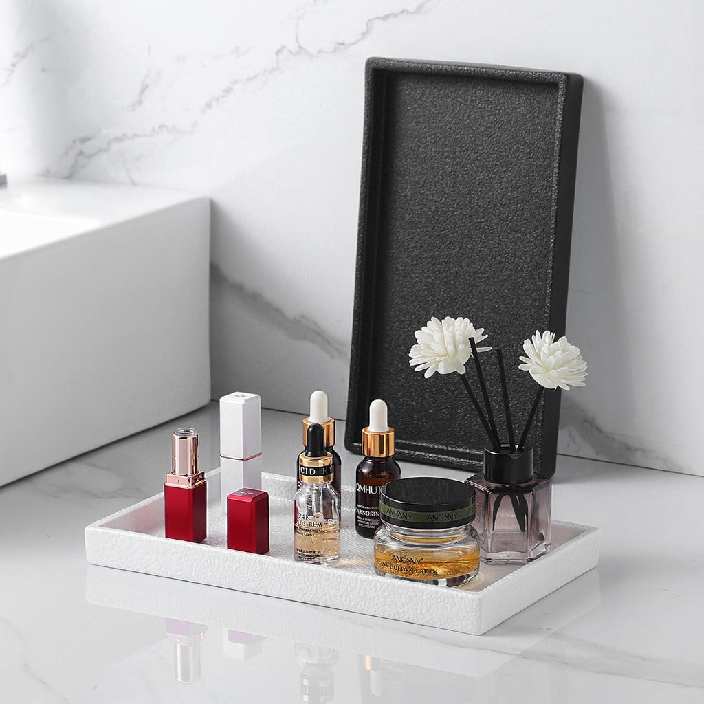 Bathroom Vanity Tray - 11'' Ceramic Rough-Textured Rectangle Countertop Tray, Heavy-Duty Organizer Plate for Perfume, Jewelry, Candles, Soap Dispenser, Kitchen Decorative Stone Trays, Black