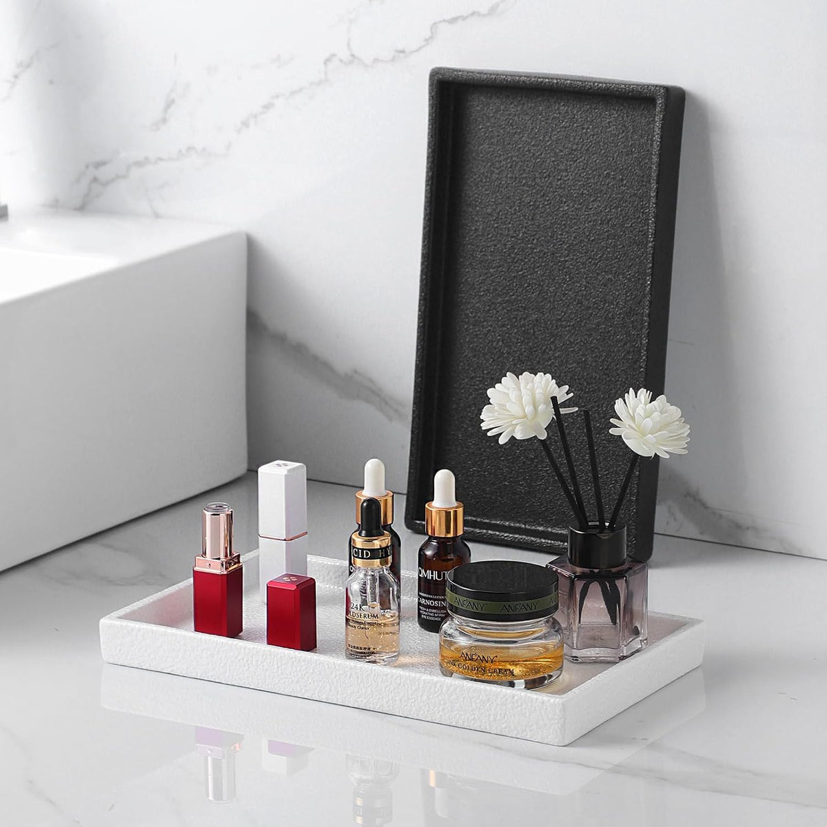 Bathroom Vanity Tray - 11'' Ceramic Rough-Textured Rectangle Countertop Tray, Heavy-Duty Organizer Plate for Perfume, Jewelry, Candles, Soap Dispenser, Kitchen Decorative Stone Trays, Black