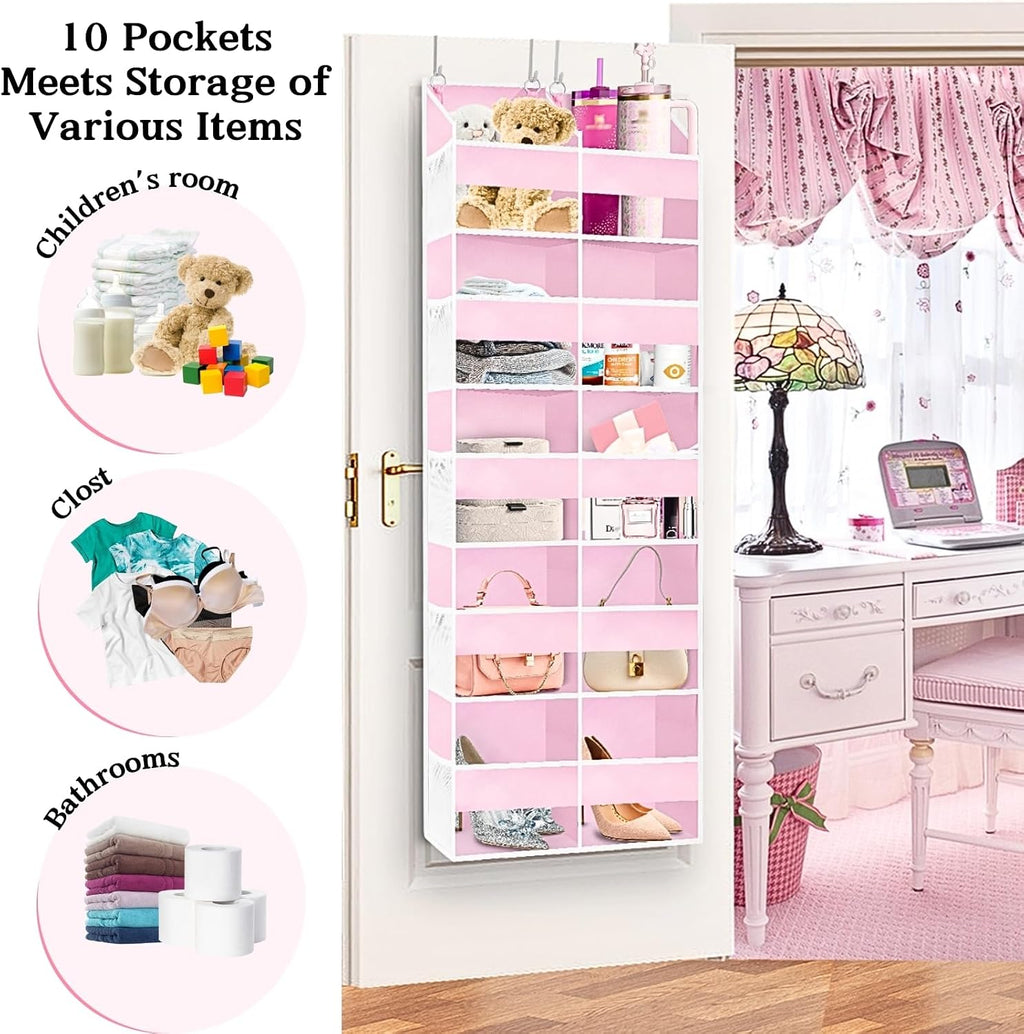 Ofiray-home Pink Over The Door Organizer 5 Tiers, Extra Large Behind Door Storage of 10 Compartments, 50 lbs Weight Capacity Over The Door Storage for Closet, Diaper Organizer