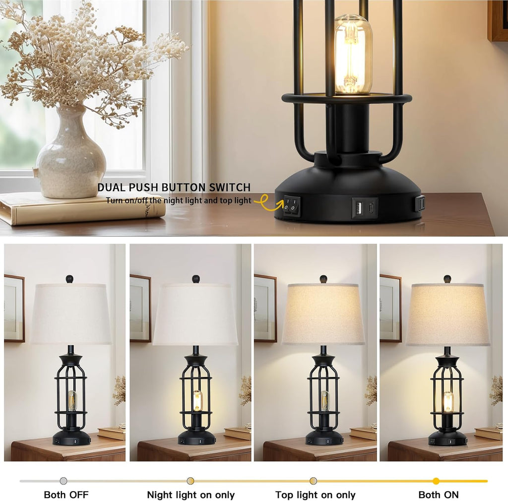 28" Tall Farmhouse Table Lamp for Living Room, Industrial Table Lamp with USB C+A Charging Ports & Outlet, Rustic Vintage Bedside Nightstand Lamp with Night Light for Bedroom End Table Black Single