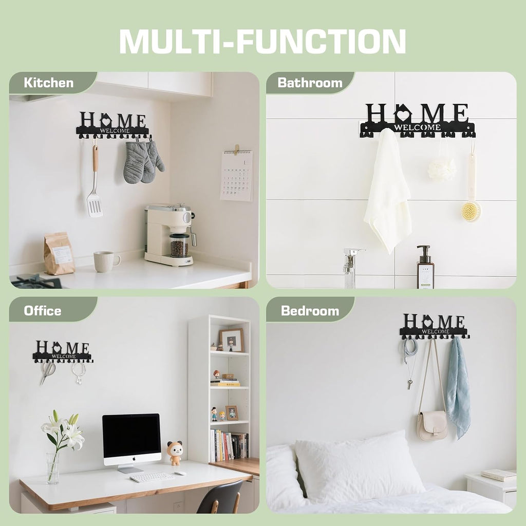 Key Holder Wall Mount, Adhesive Key Hanger with 12 Hooks, Black