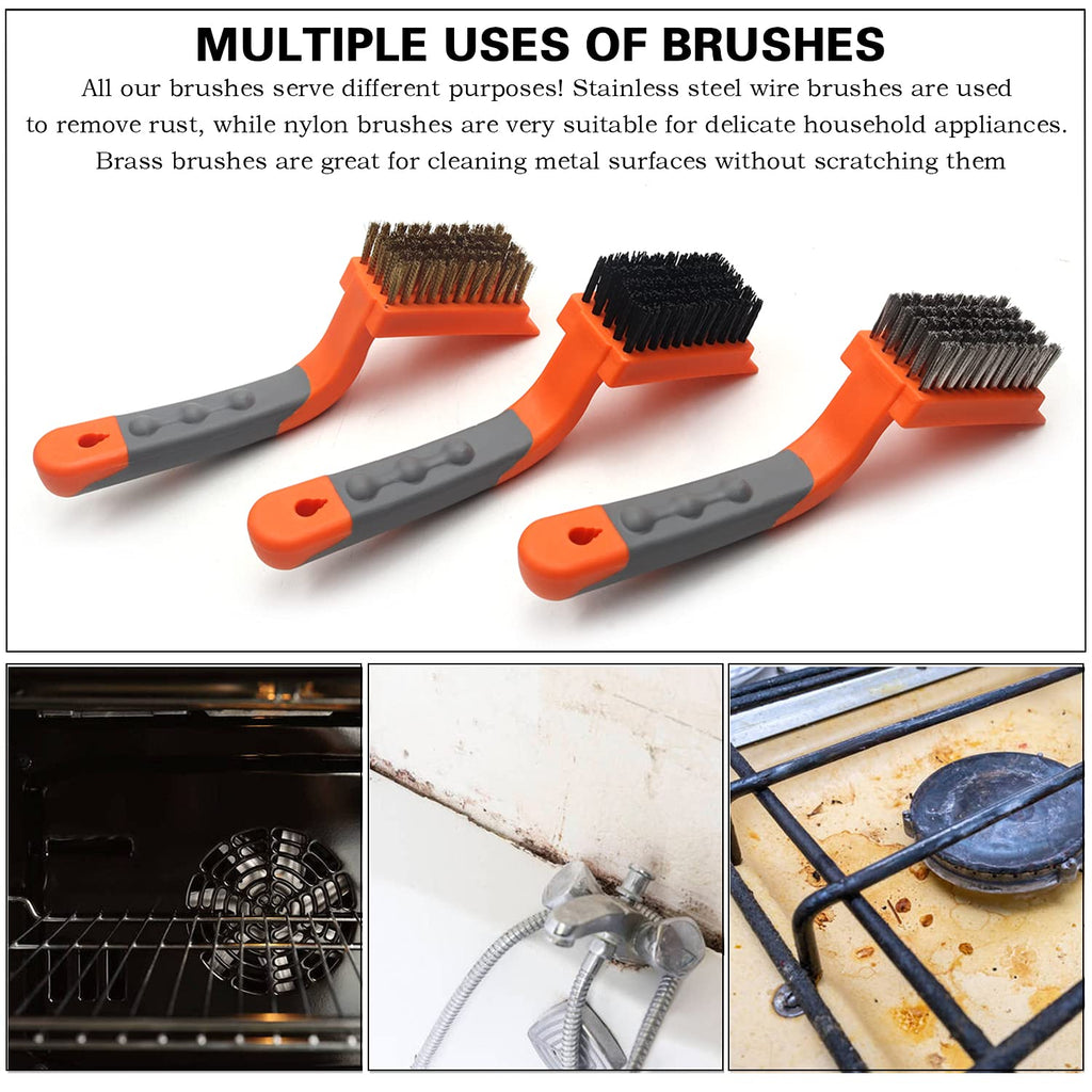 MAXMAN Wire Brush Set 3Pcs, Brass/Steel/Nylon Bristles, Rust &Paint Remover