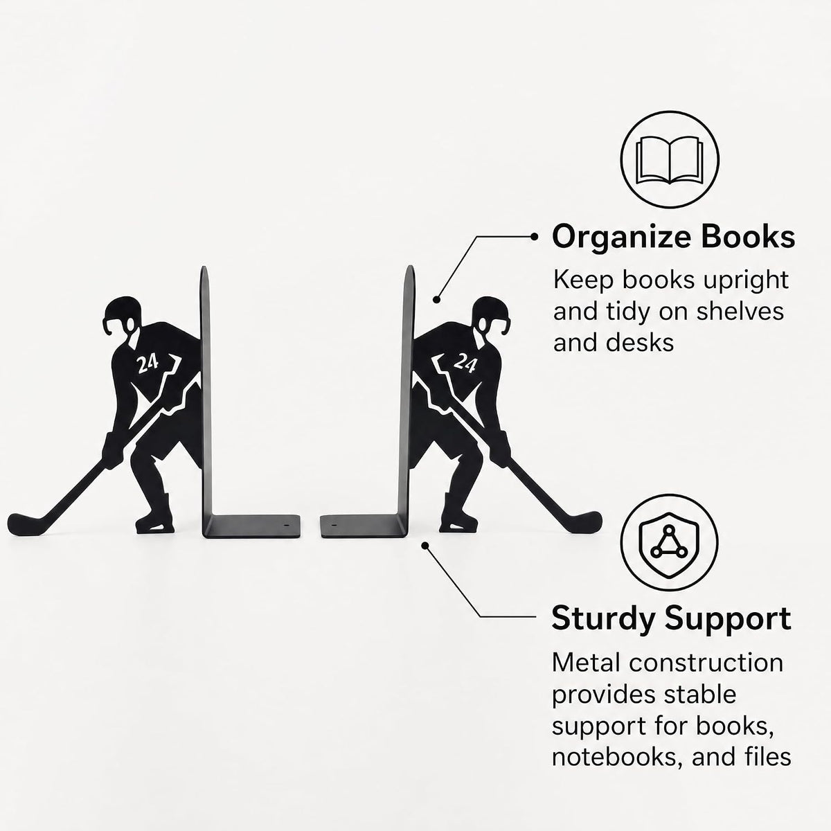 Ice Hockey Bookends, Set of 2 Black Metal Book Ends for Shelves, Laser-Cut Hockey Player Decorative Book Holders for Office Desk, Home Library and Study Room, 6.3 in Tall