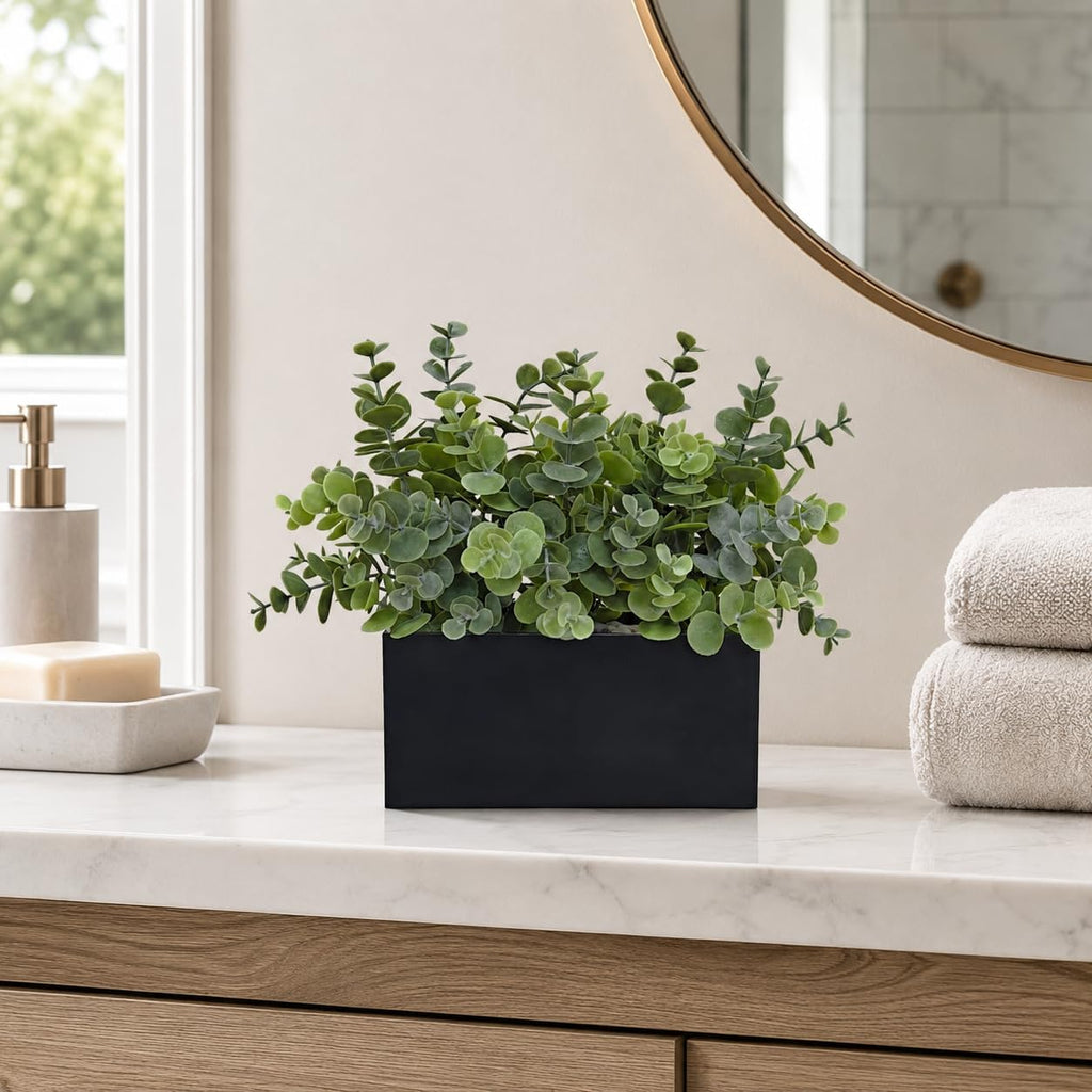 365 Blooming Decor Fake Eucalyptus Plants in Black Planter Box - Luxury Potted Artificial Eucalyptus Greenery with Real Pebbles for Farmhouse Bathroom, Shelf, Windowsill Décor//No Assembly Required//