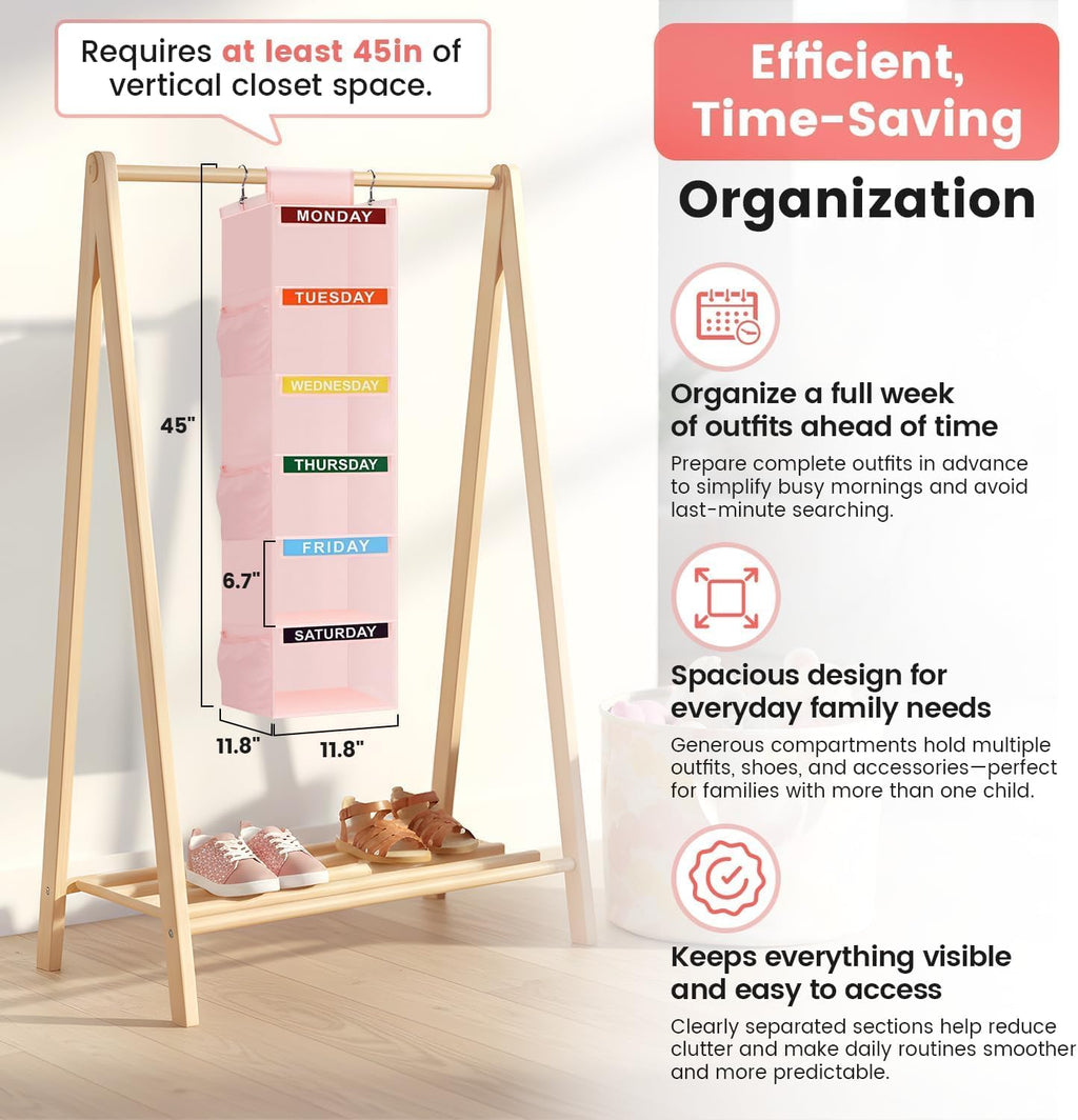 Weekly Clothes Organizer for Kids, 6-Shelf Kid Hanging Closet Organizer w/ 6 Side Pockets, Labeled Weekly Outfit Organizer for Kids, Days of The Week Clothes Organizer Monday Through Friday Pink